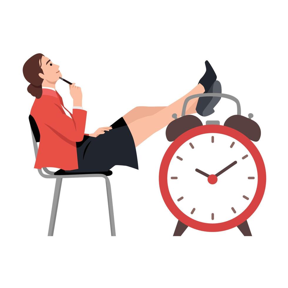 Woman relaxes with her feet on a giant clock, symbolizing a moment of pause and contemplation. vector