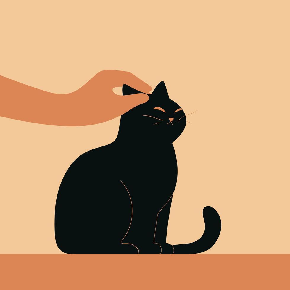 Flat design cat petted by human hand minimalist illustration solid warm background for International Cat Day vector