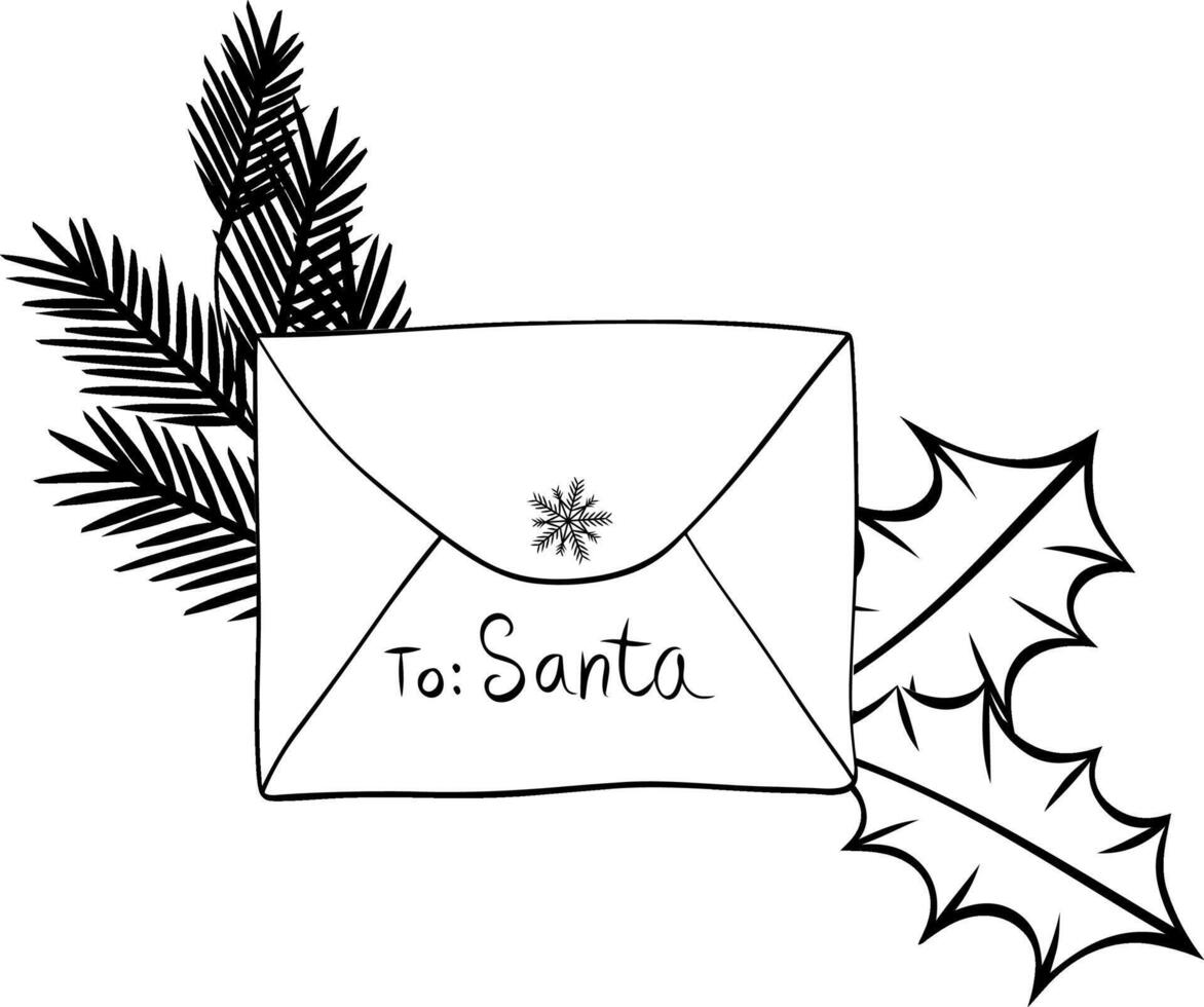 Dear Santa Claus Letter envelope with pine branch black and white composition isolated. graphic line ink illustration. Perfect for cards, decorations, stickers, logo, menu, various designs. vector