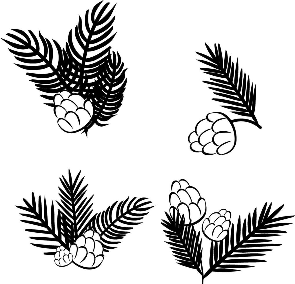 Pine tree branches with pine cones black and white set composition isolated. graphic line ink illustration. For poster, flyer, banner, invitation, social media, party or sale vector