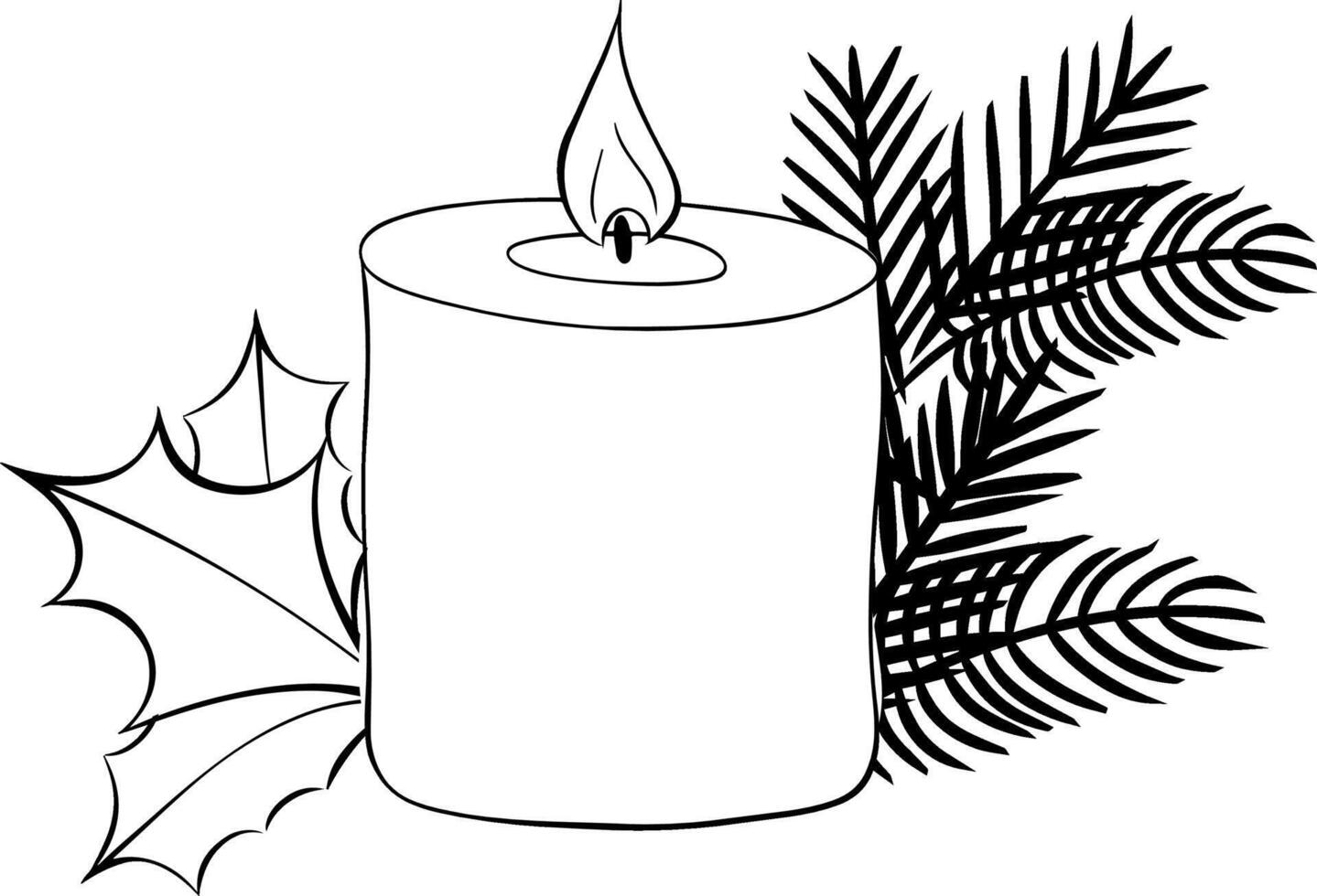 Candle surrounded by pine branches black and white for festive decoration composition isolated. graphic line ink illustration. Design for package, cosmetic, textile, cards. vector