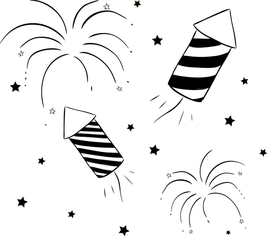Fireworks rocket composition black and white isolated. graphic line ink illustration. Silhouette sign for logo, print, comics, fashion, pop art, boards, design, stickers, decoration, posters vector