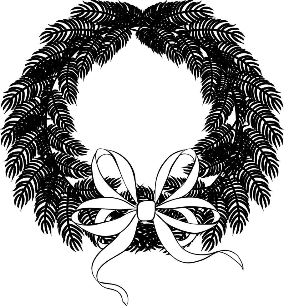 Christmas tree wreath black and white pine tree branches with red bow and ribbons. composition isolated. graphic line ink illustration. Decoration for holiday banners, party posters vector