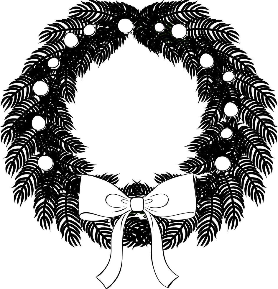 Pine tree branches with bow and ribbons black and white composition isolated. graphic line ink illustration. Decoration for holiday banners, party posters, cards, headers vector