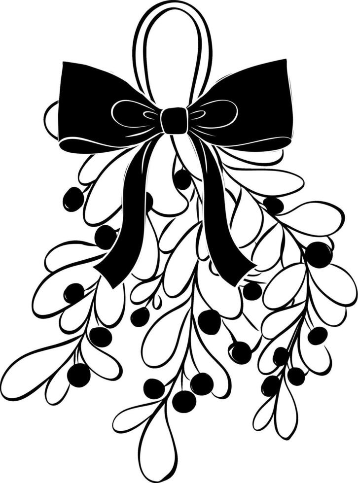 Omela, Holly, black and white bunch with ribbon composition isolated. graphic line ink illustration. Christmas holiday objects collection. Xmas illustration for greeting card vector