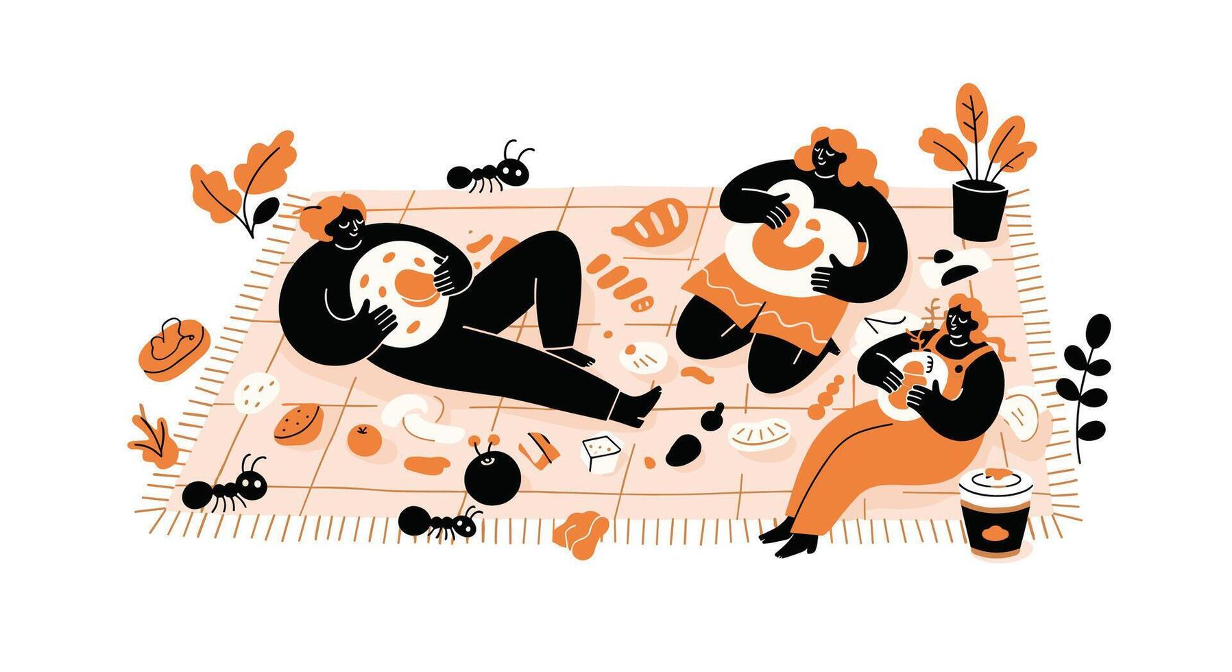 People Enjoying Outdoor Picnic with Tasty Food and Annoying Ants in the Summer vector