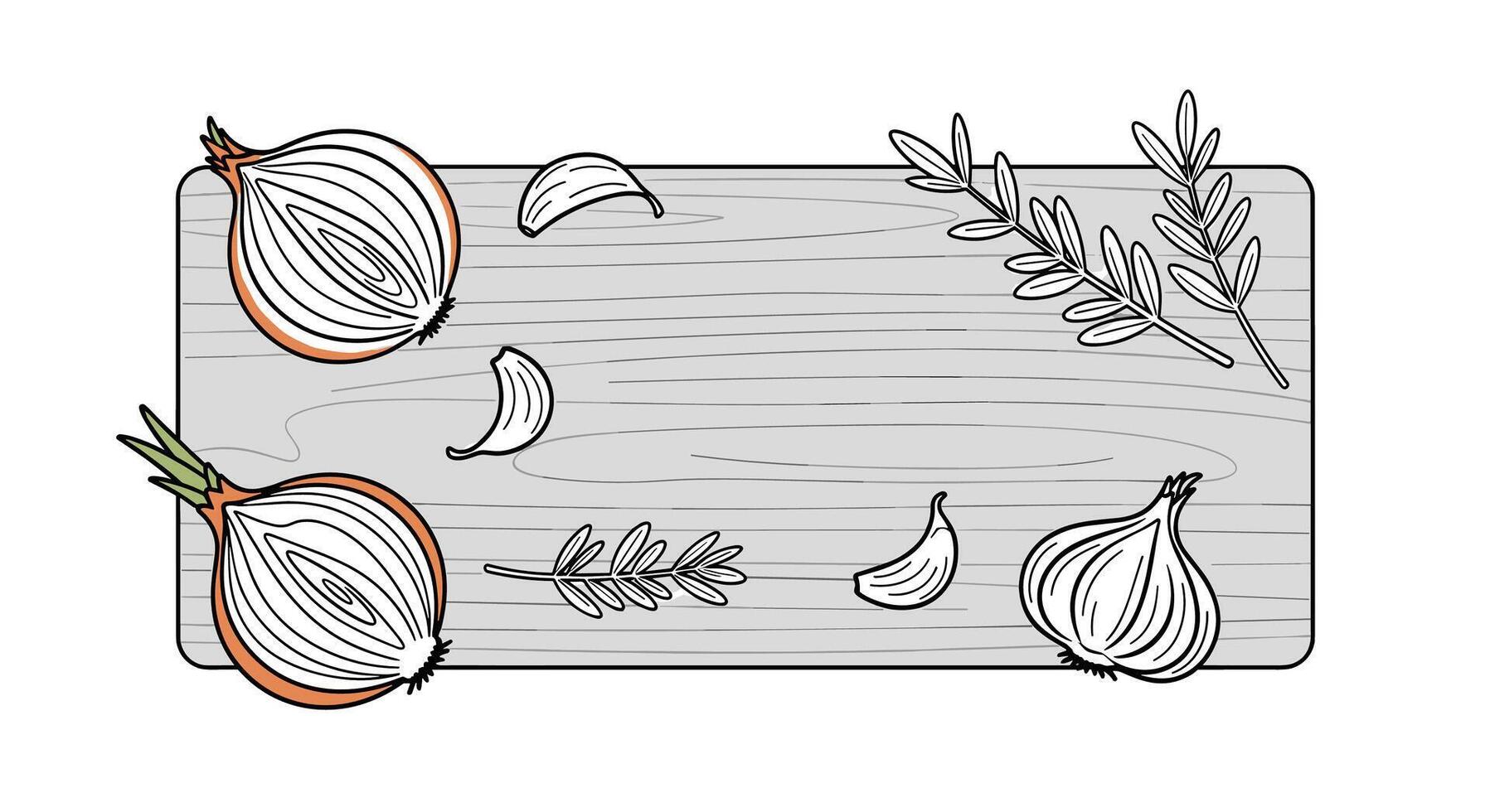 Flavorful Symphony A Culinary Composition with Onions Garlic and Herbs on a Wooden Board vector