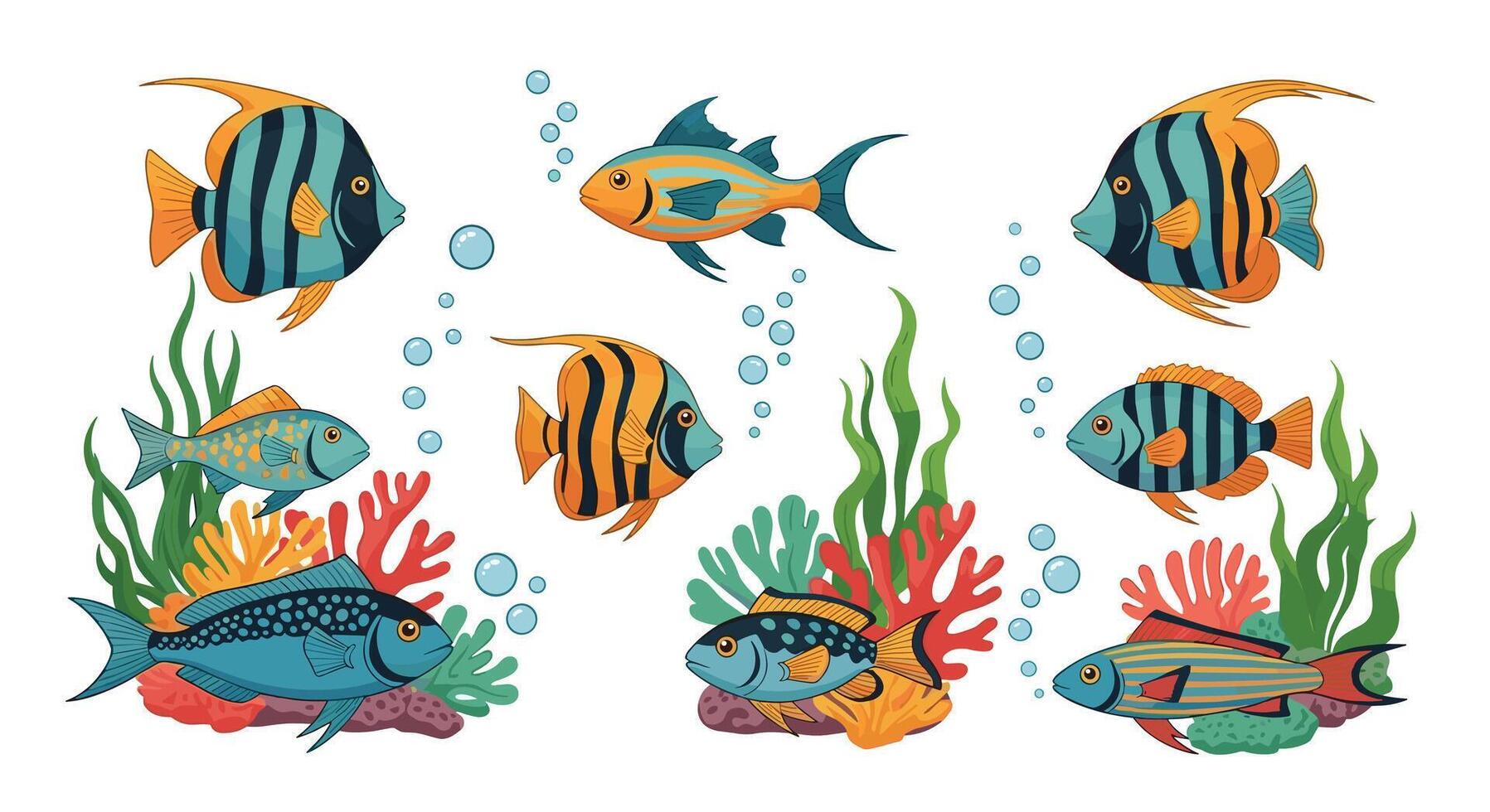 Colorful Underwater World Awaits Seven Fish Swimming Near Seaweed and Coral Reefs vector