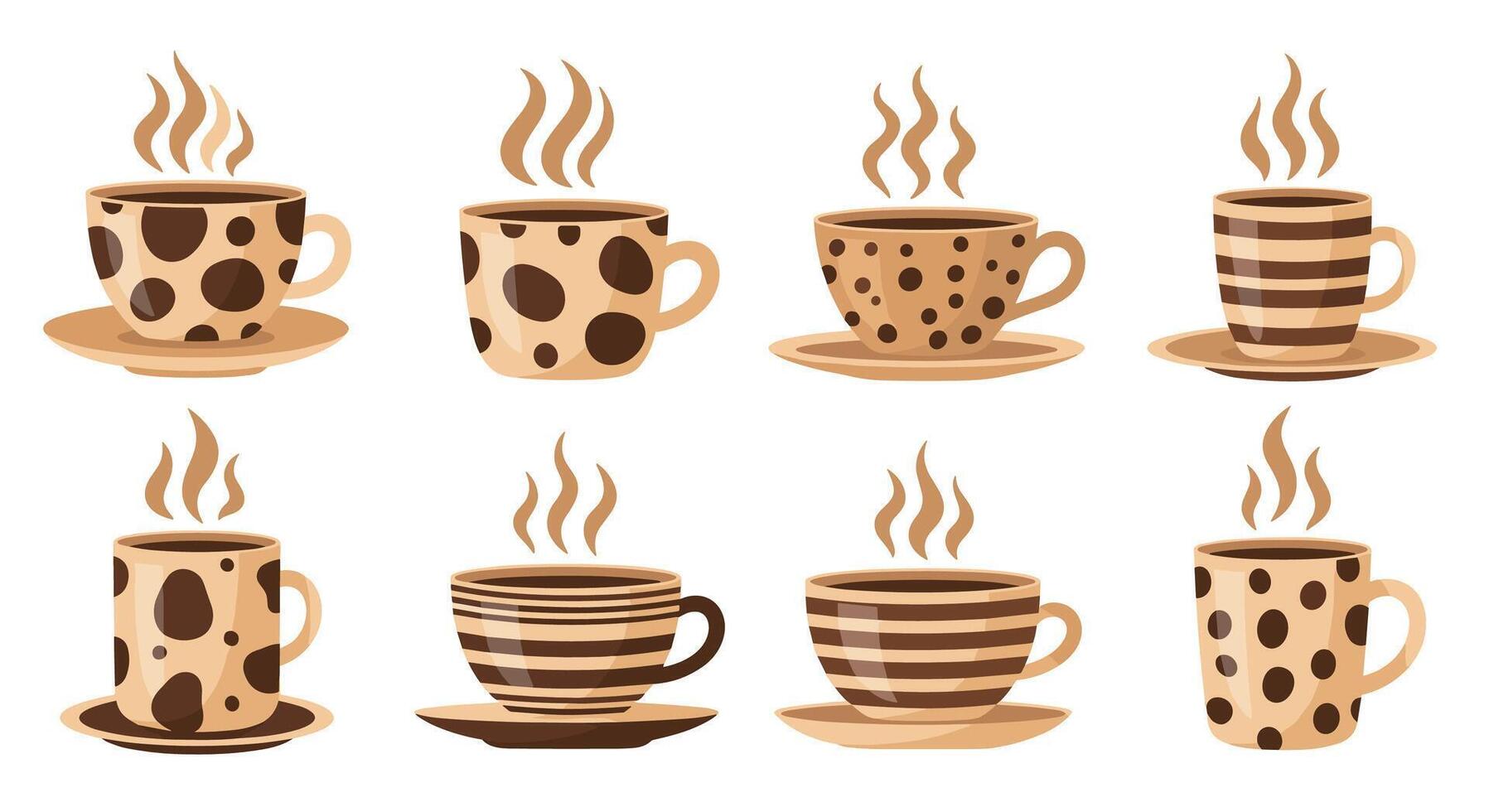 Elegant Coffee Cups on Saucers with Steam Rising Delightful Morning Beverages Selection vector