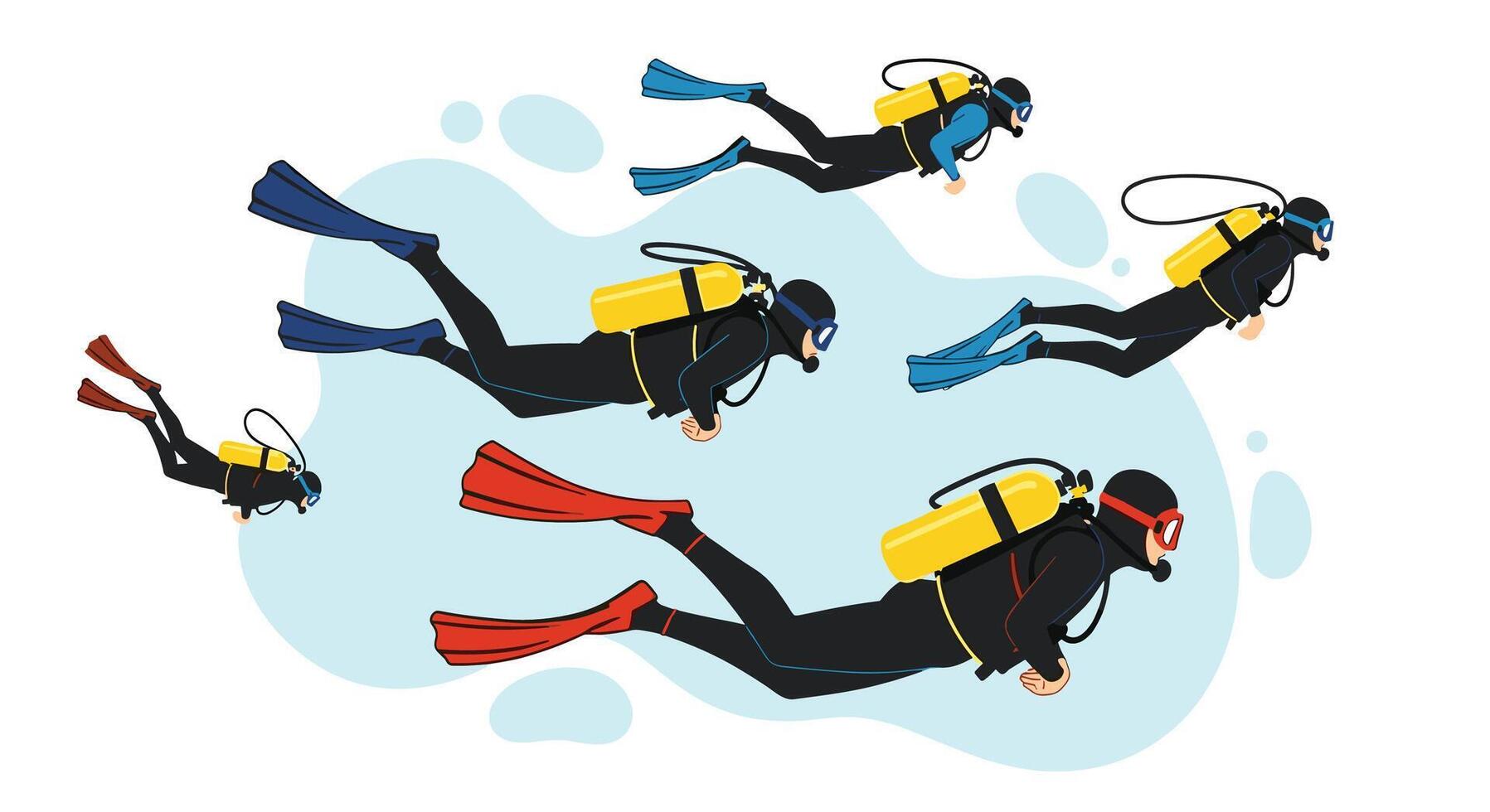Divers Exploring Marine Life Underwater Scuba Diving Activity Ocean Adventure in Deep Blue Sea vector