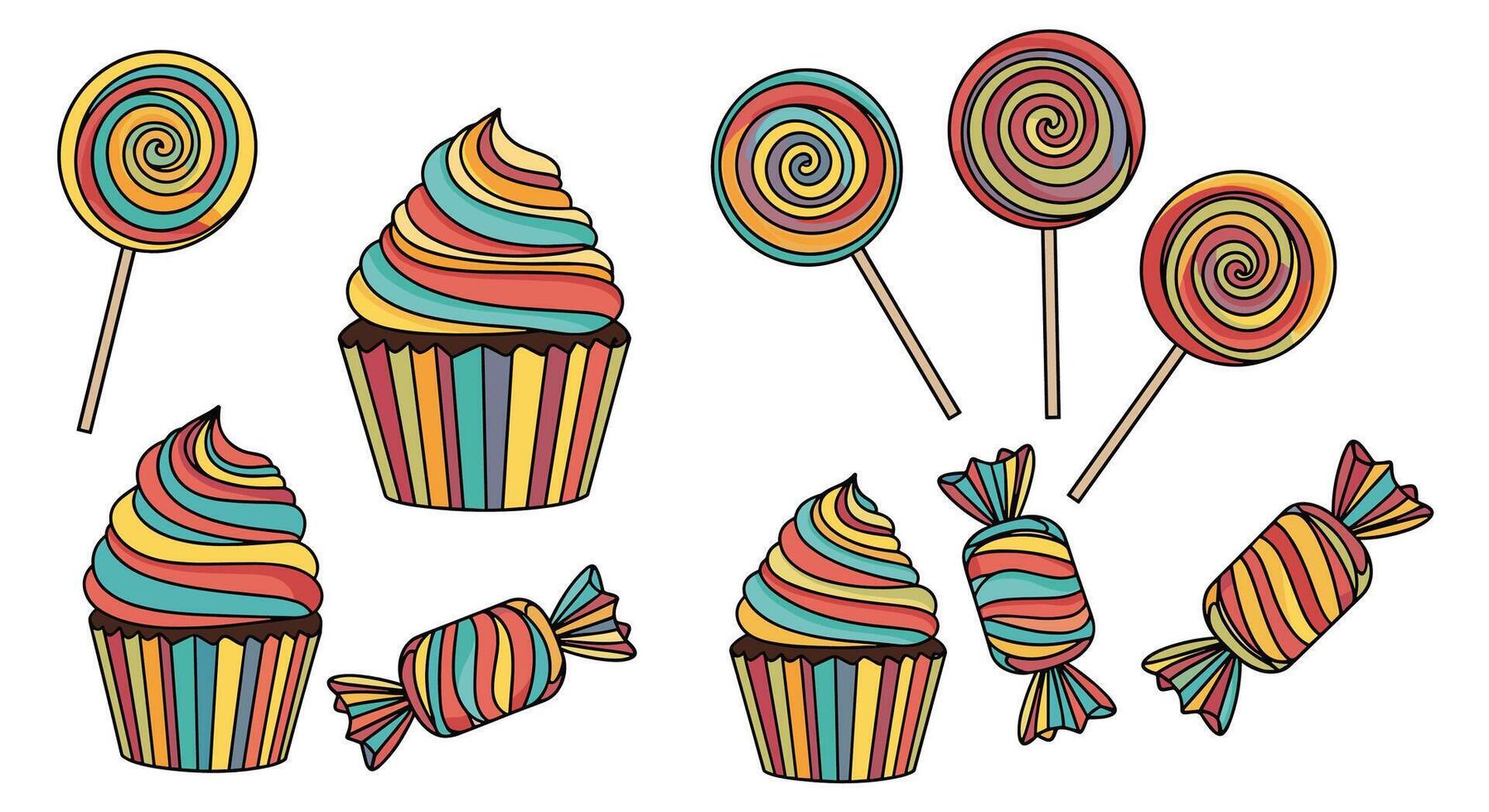 Delicious Sweet Treats A Delightful Collection of Cupcakes Lollipops and Candies vector