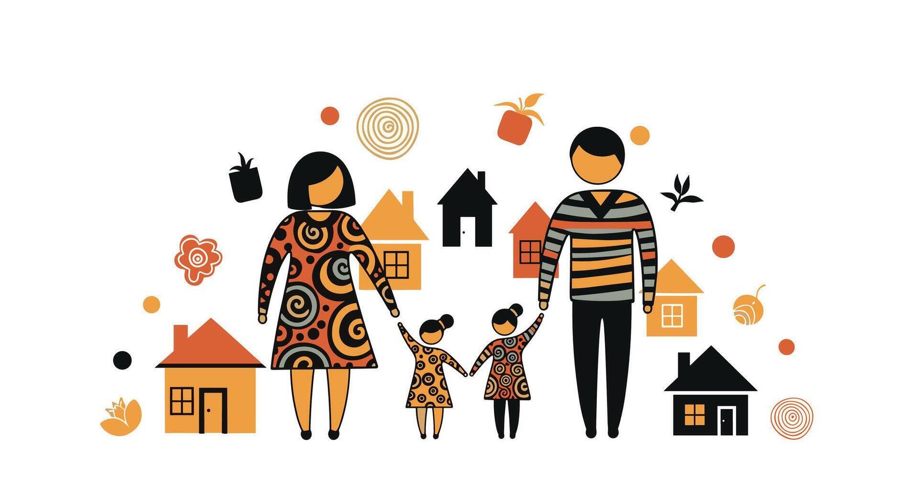 Happy Family with Two Daughters and Houses in the Suburbs Illustration vector