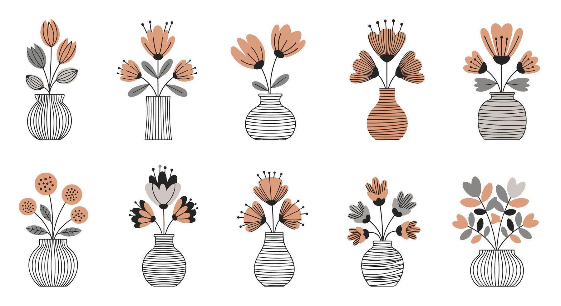 A Collection of Cute Floral Arrangements in Vases Bohemian Home Decor Art vector