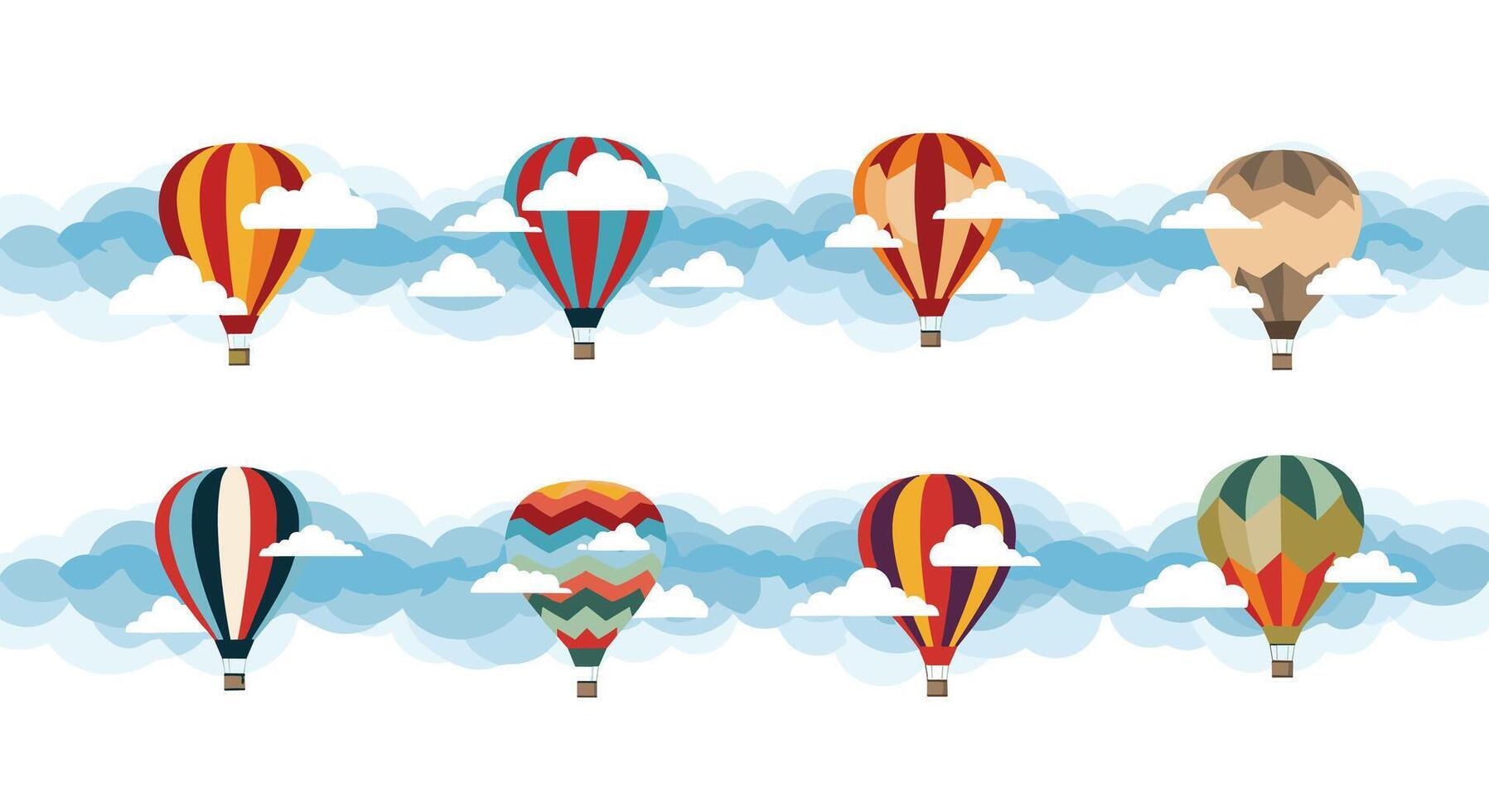 A Vibrant Sky Eight Hot Air Balloons Ascending Through Fluffy White Clouds Artwork vector