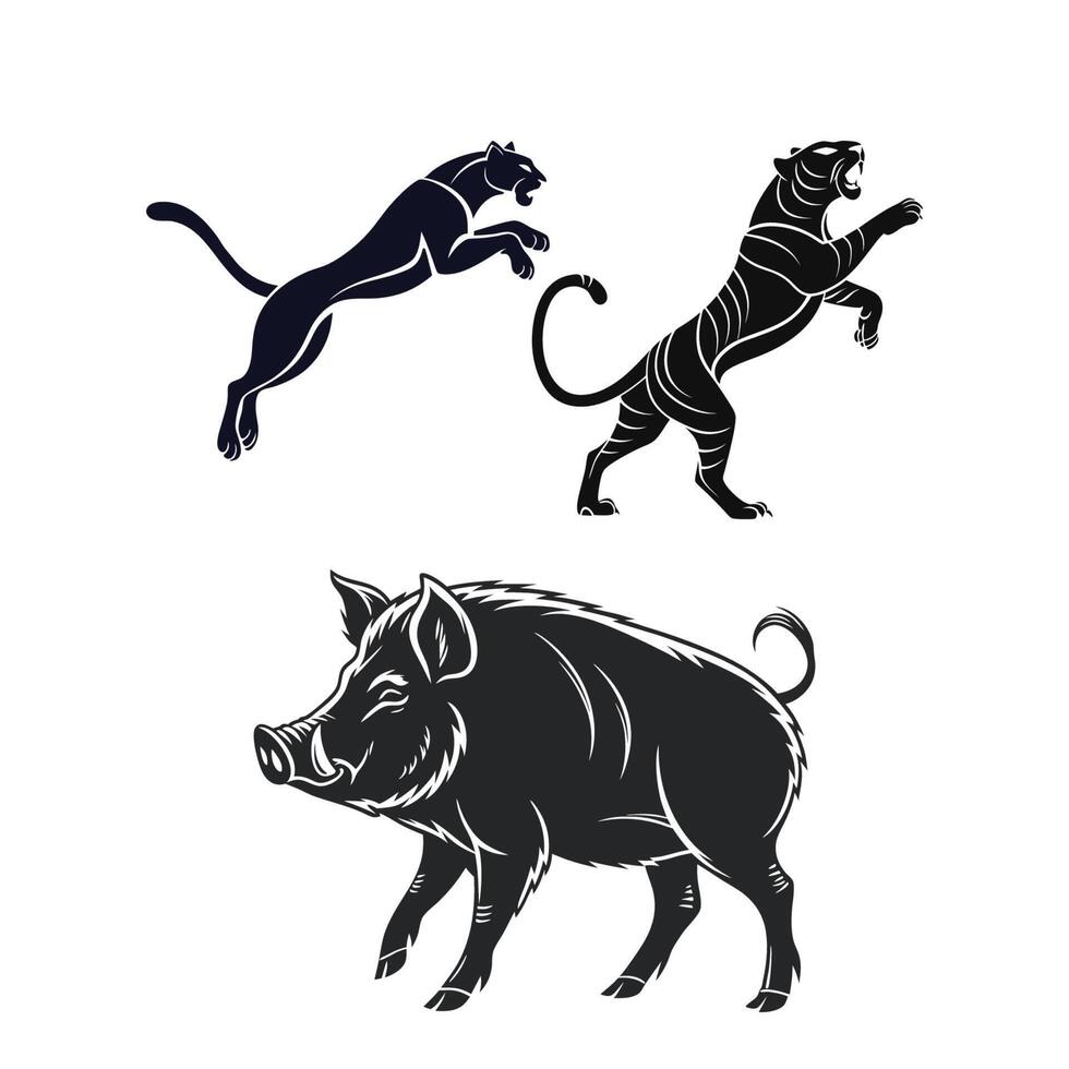 Dynamic Wildlife Silhouettes Leaping Panther, Rearing Tiger, and Wild Boar vector