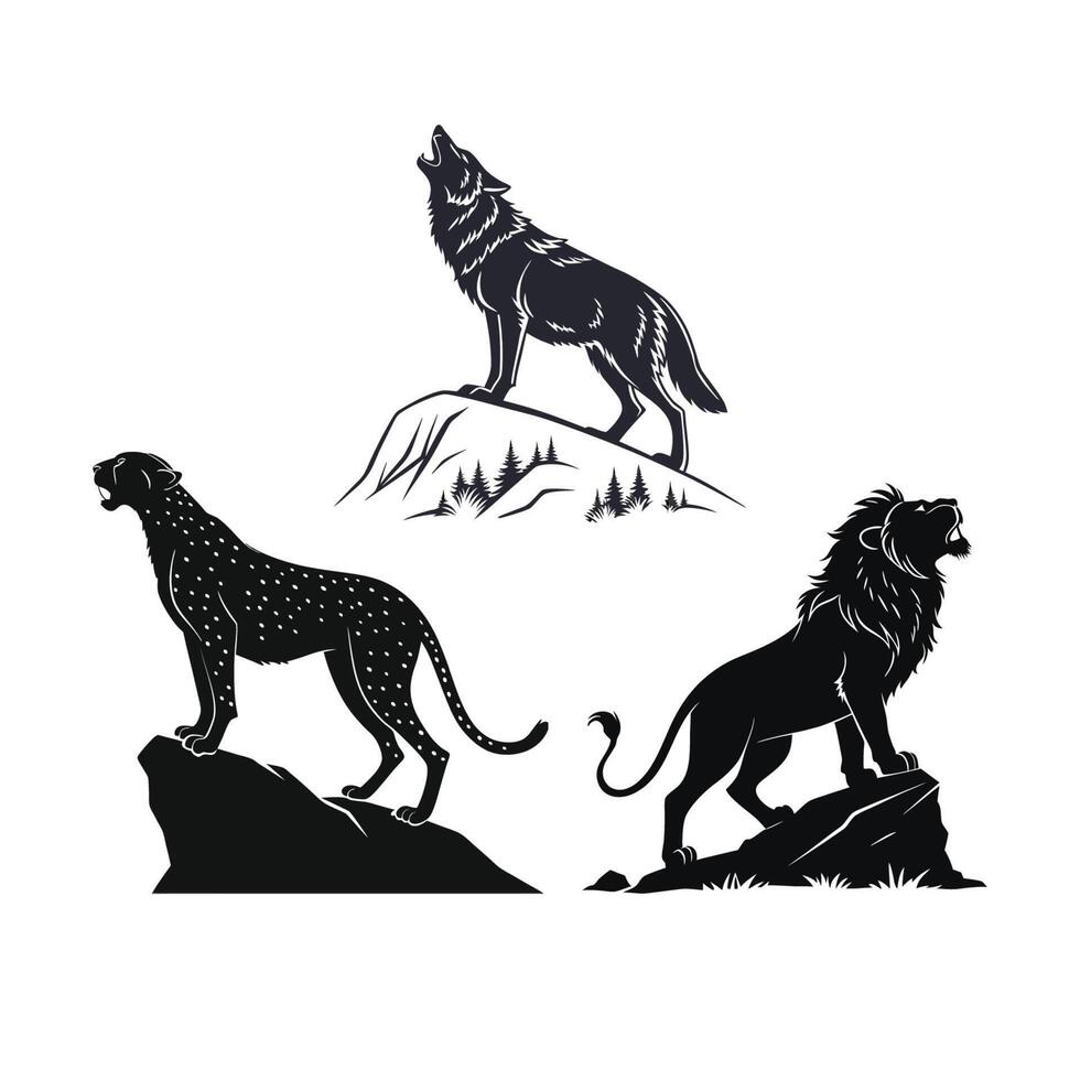 Dynamic Wildlife Silhouettes Howling Wolf, Alert Cheetah, and Roaring Lion vector