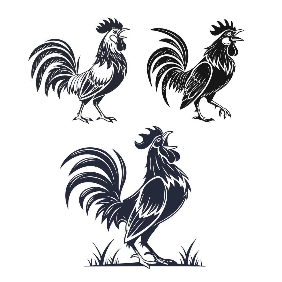 Rooster Silhouettes Crowing and Strutting Farm Animal vector