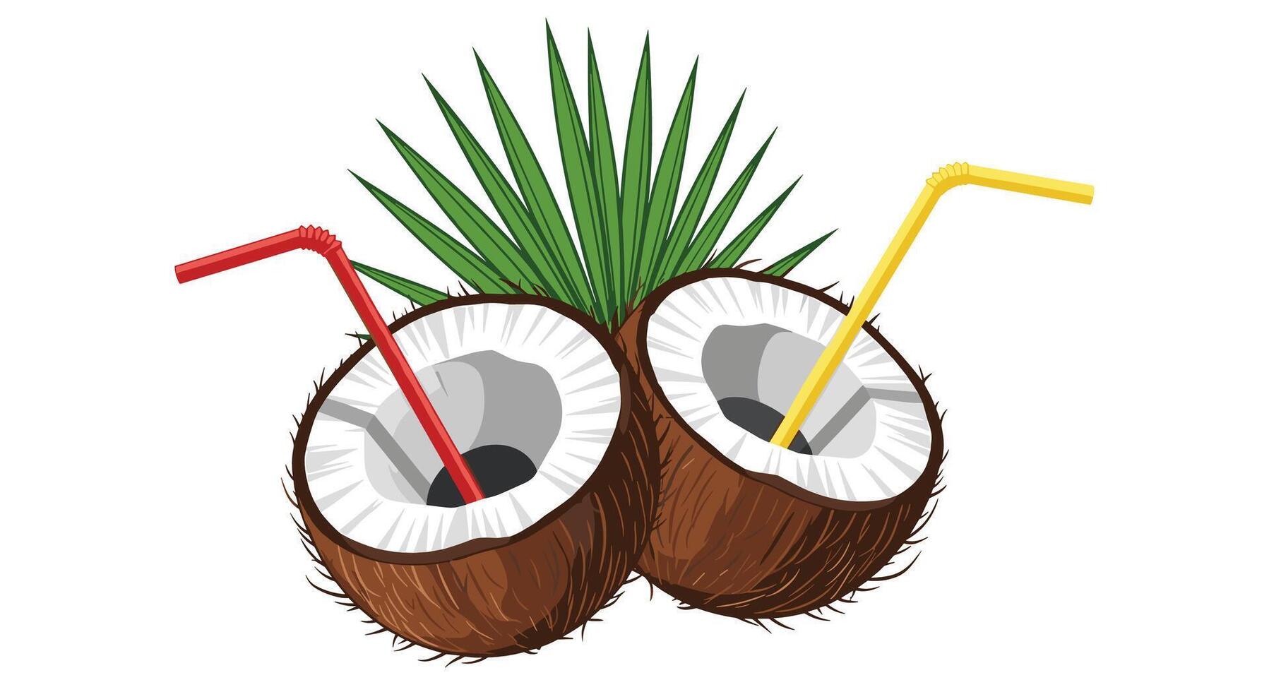 Coconut with straw and palm leaves vector