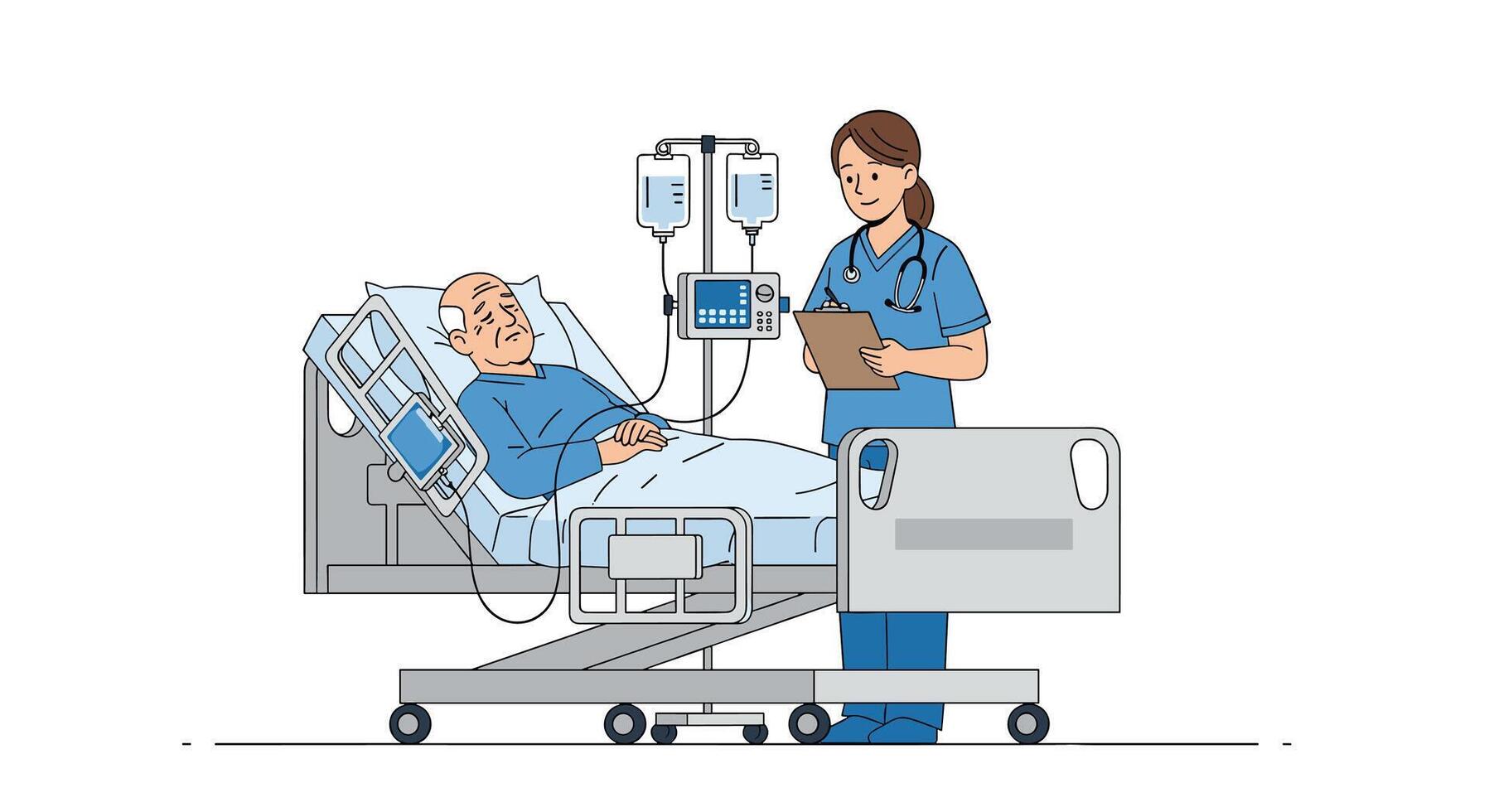 A nurse is talking to an elderly man in a hospital bed vector