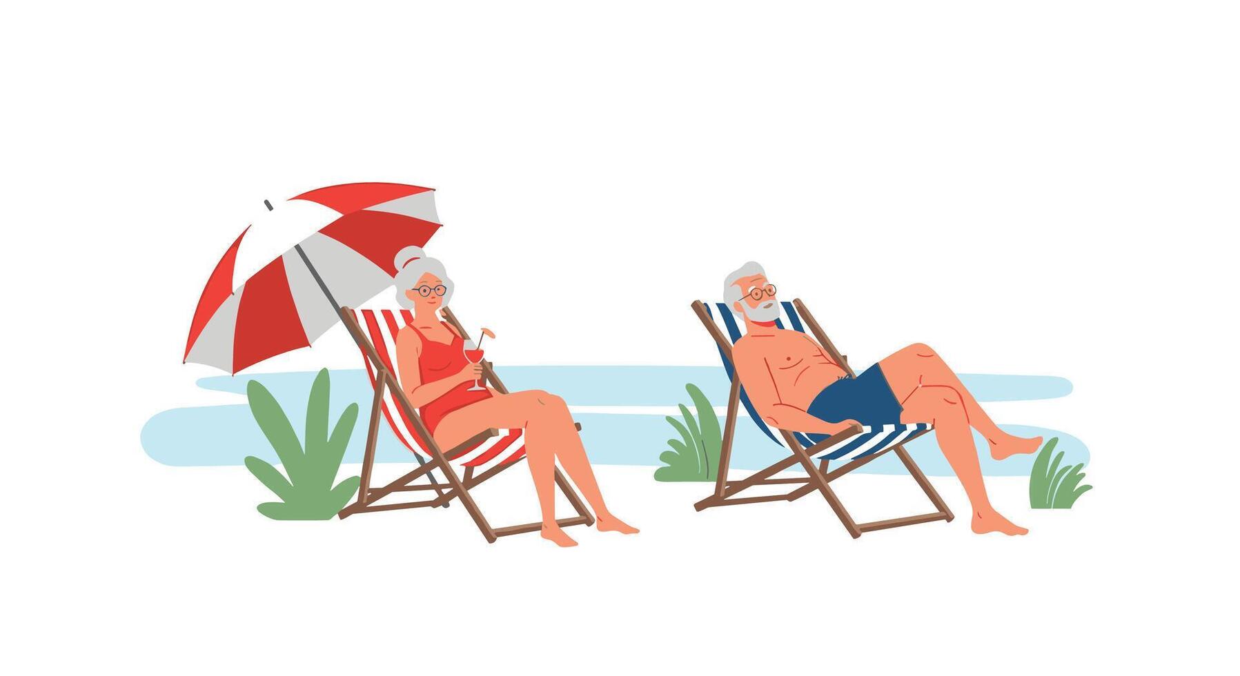 An elderly couple sitting on deck chairs with an umbrella vector