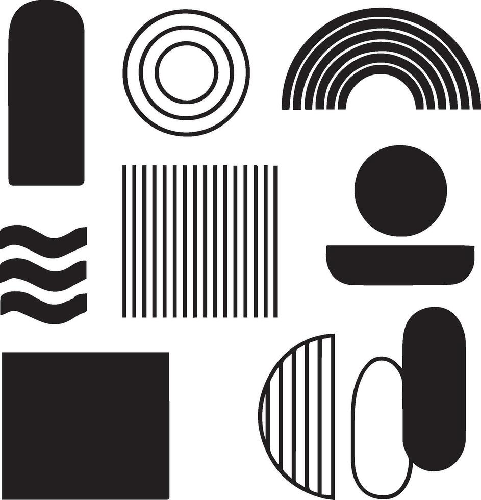Abstract Minimal Mid Century Set. Monochrome Geometric Shapes and Contemporary Stripe Line Art, Modern Wall Decor Elements vector