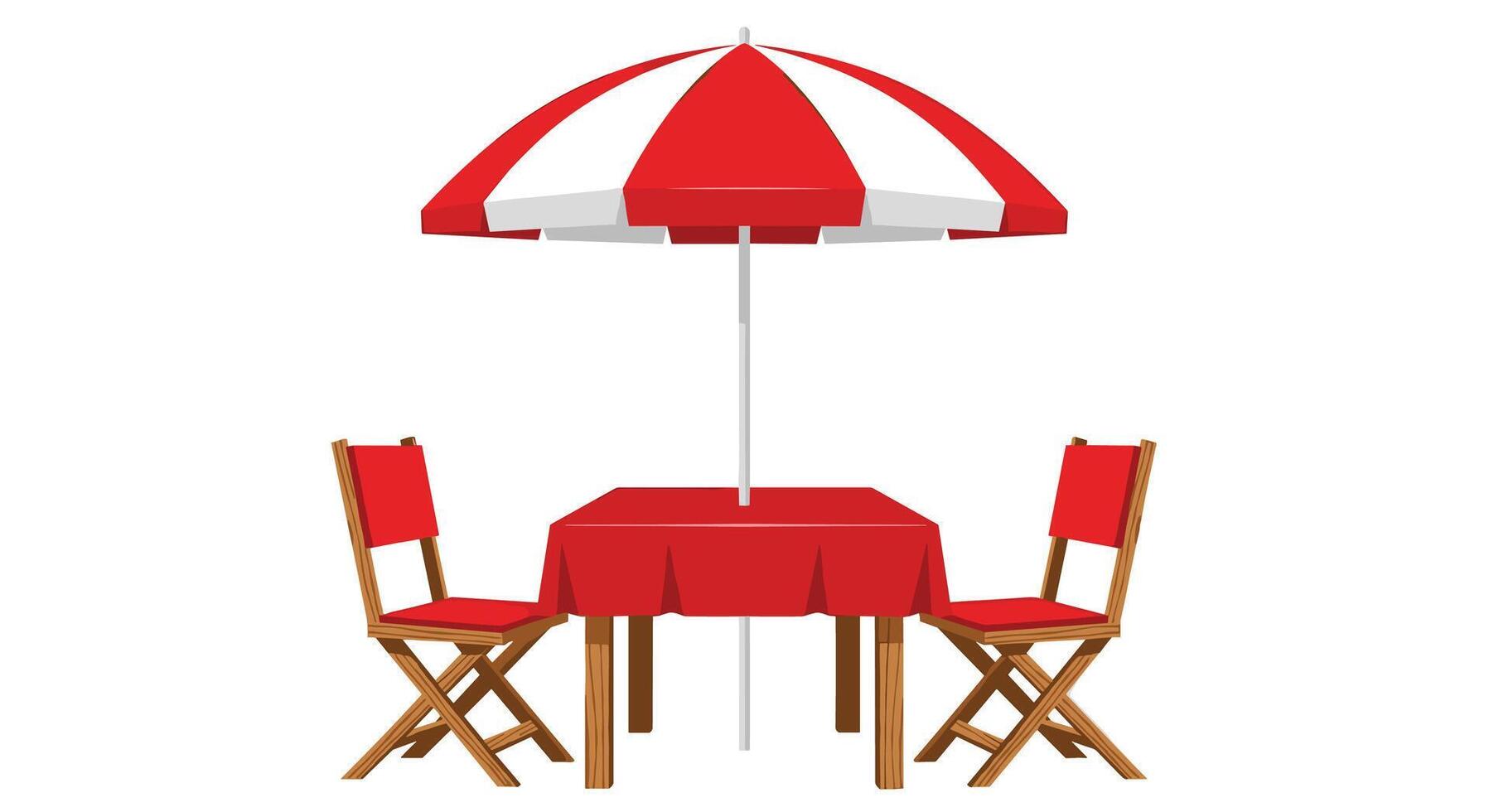 Outdoor Red and White Furniture Set with Table Chairs and Umbrella for Relaxing vector