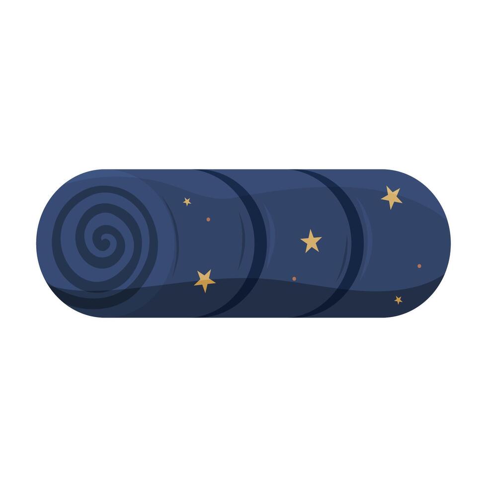 Rolled dark blue sleeping bag with star pattern, camping trip vector