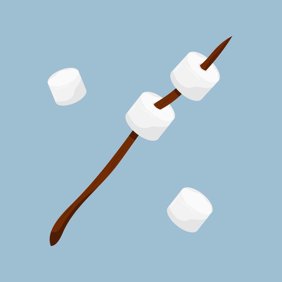 Marshmallows on wooden stick with scattered pieces on blue background. vector