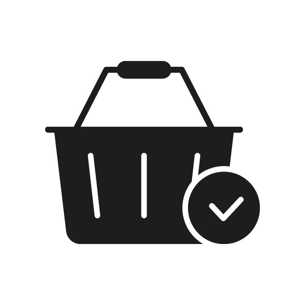 Shopping Basket With Checkmark Solid Icon. Successful Online Shopping, Order Confirmation, And Purchase Approval Silhouette Symbol. E-Commerce, Retail Transaction. Isolated Illustration vector