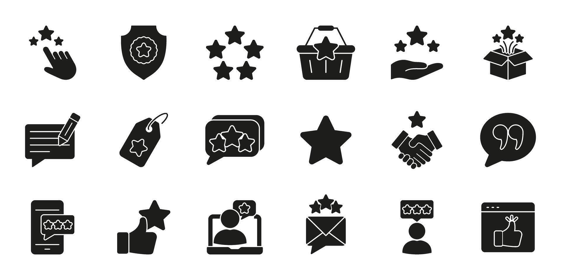 User Reviews, Quality Assurance, And Satisfaction Silhouette Symbol Collection. Customer Feedback And Rating Solid Icon Set. E-Commerce And Service Evaluation. Isolated Illustration vector