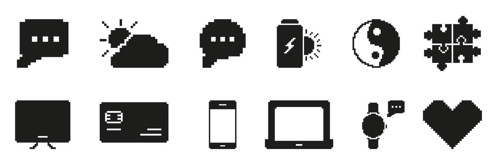 Pixel Art Icon Set Featuring Communication, Technology, And Energy Symbols. Diverse Pixelated Symbol Collection For Digital Communication, Device Interaction. Isolated Illustration vector