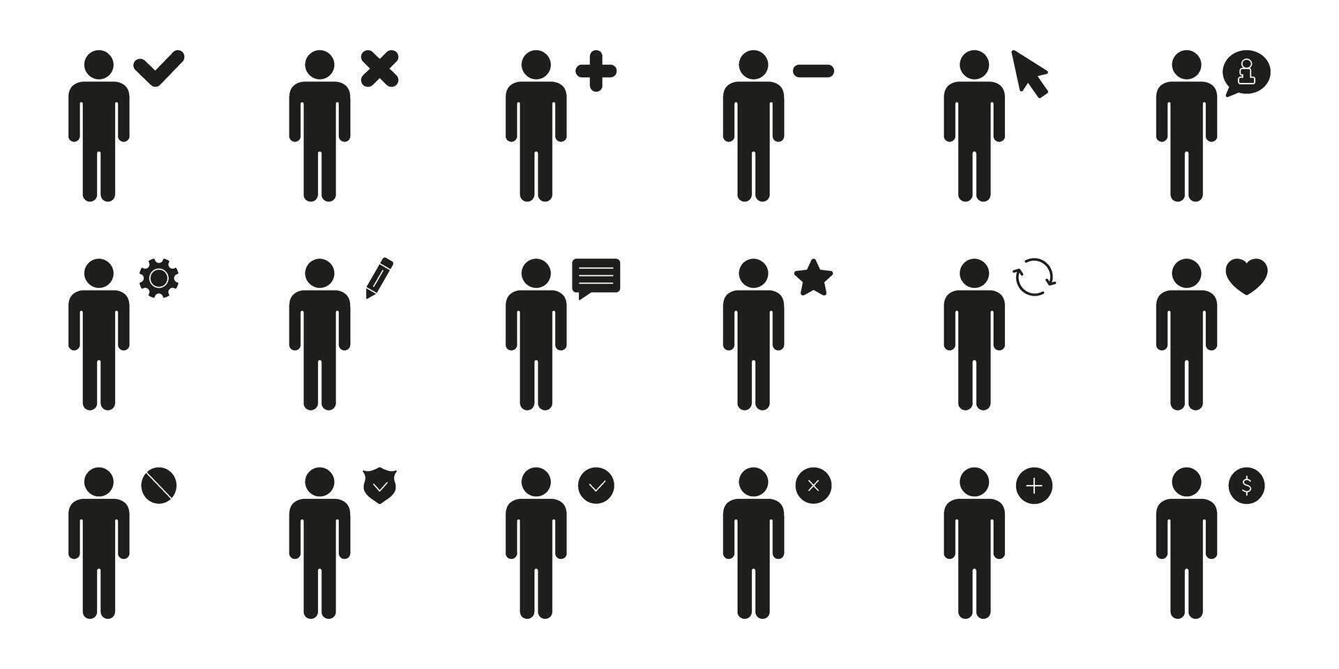 Person Interaction And Status Solid Icon Set. User Management, Communication Silhouette Symbol Collection. Isolated Illustration vector
