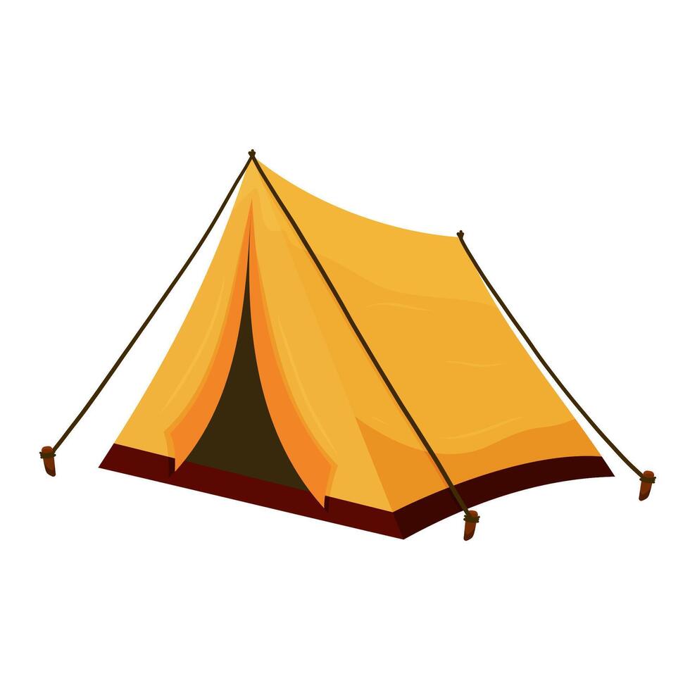 Yellow pitched camping tent with open flap and ropes, outdoor adventure vector
