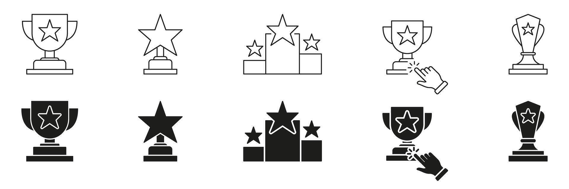 Trophy And Star Award Line And Solid Icon Set. Achievement, Recognition, And Success Symbol Collection. Celebratory And Competitive Excellence Representation. Isolated Illustration vector
