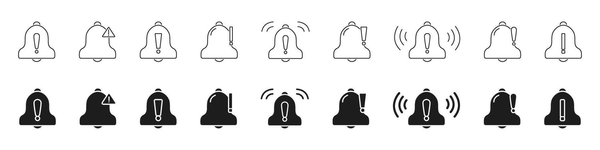 Notification Bell Alert Icon Set. Warning, Reminder, And Alarm Symbol Collection. Exclamation Mark And Vibration Indicators. Isolated Illustration vector