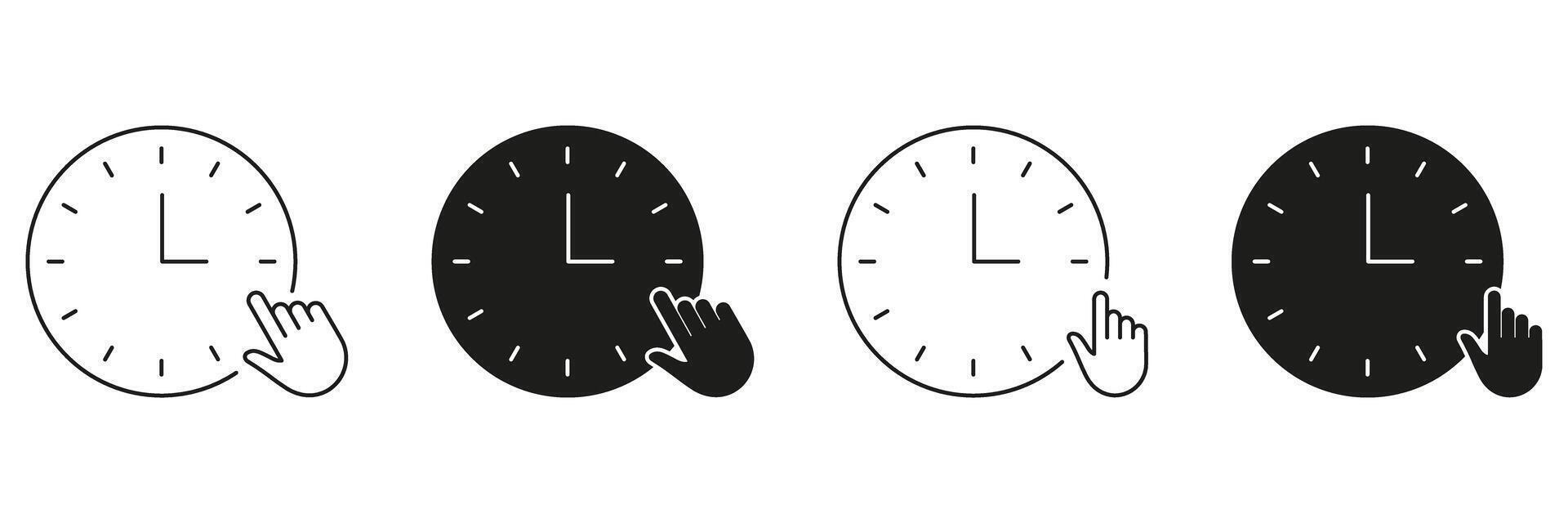 Clock With Hand Pointer Line And Solid Icon Set. Time Management, Scheduling, And User Interaction Symbol Collection. Concept Of Setting Alarms And Reminders. Isolated Illustration vector
