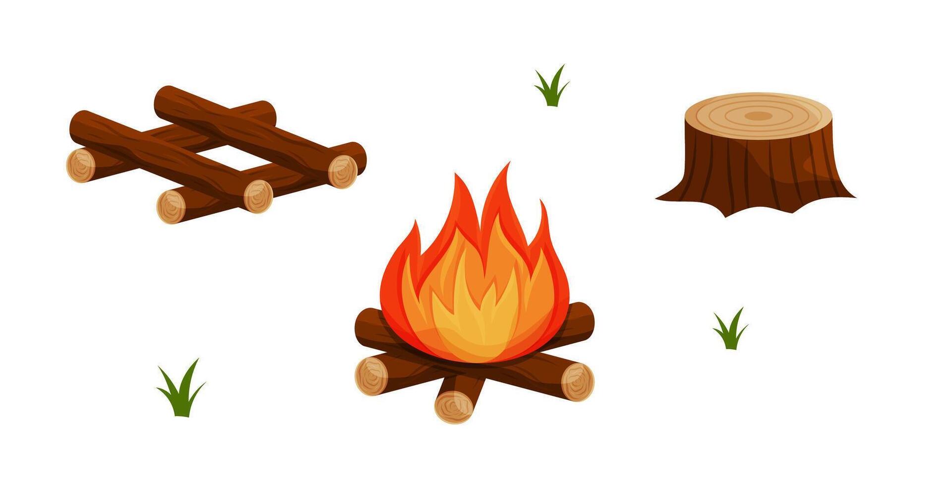 campfire with burning logs, a wooden stump, and scattered grass vector