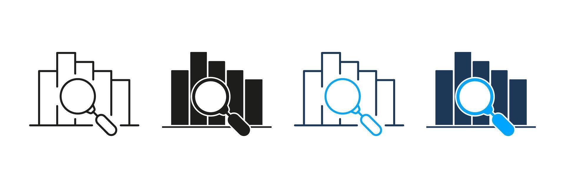 Bar Chart With Magnifying Glass Line And Solid Icon Set. Data Analysis, Business Insights, And Statistical Evaluation Symbol Collection. Financial And Market Research. Isolated Illustration vector