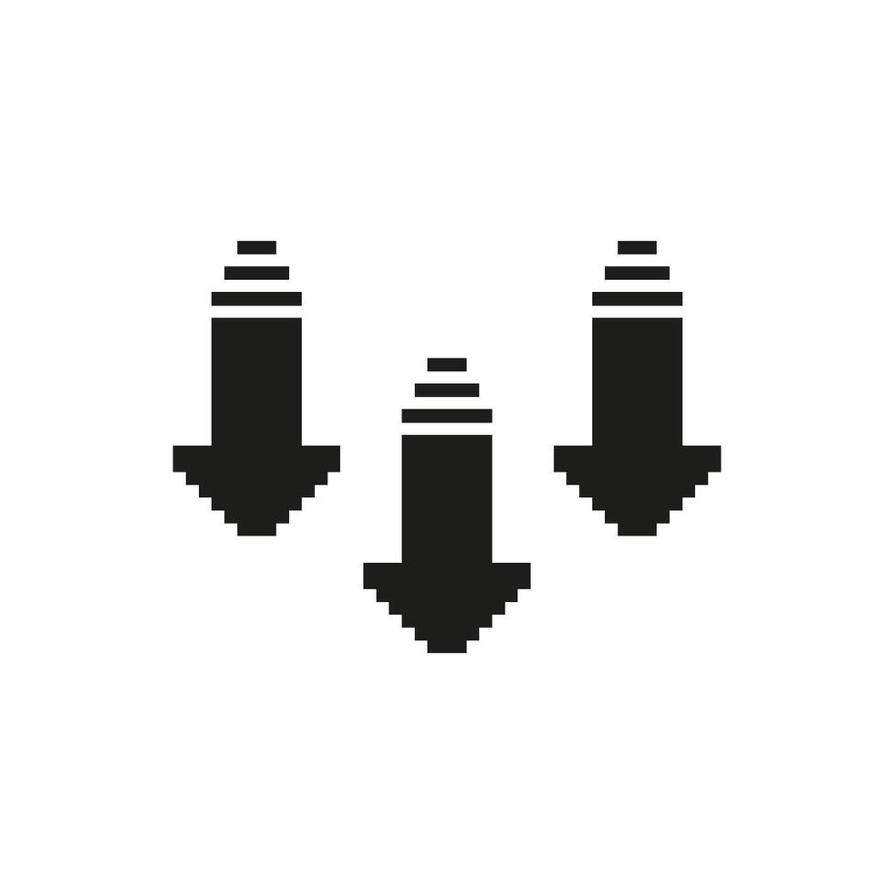 Three Downward Arrows Pixel Art Icon. Directional Navigation, Download, And Decrease Symbol. Retro Gaming Style. Isolated Illustration vector