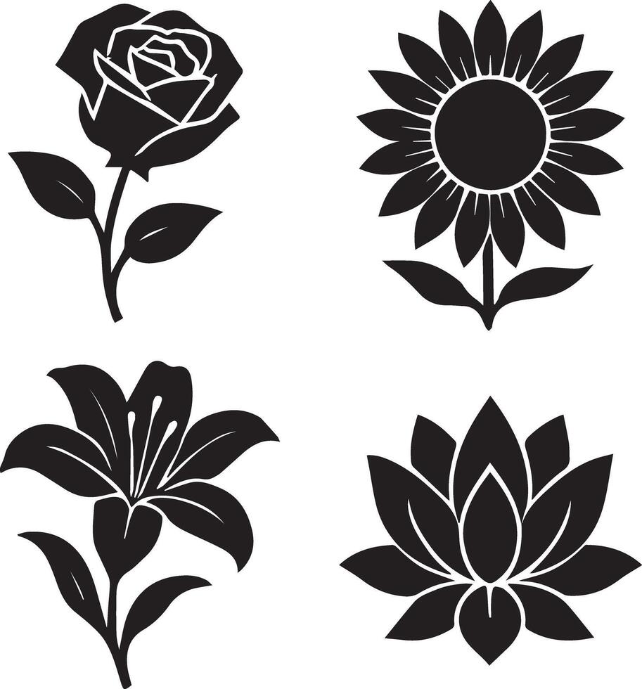 Silhouette Set of Rose, Sunflower, Lily, and Lotus Flowers vector