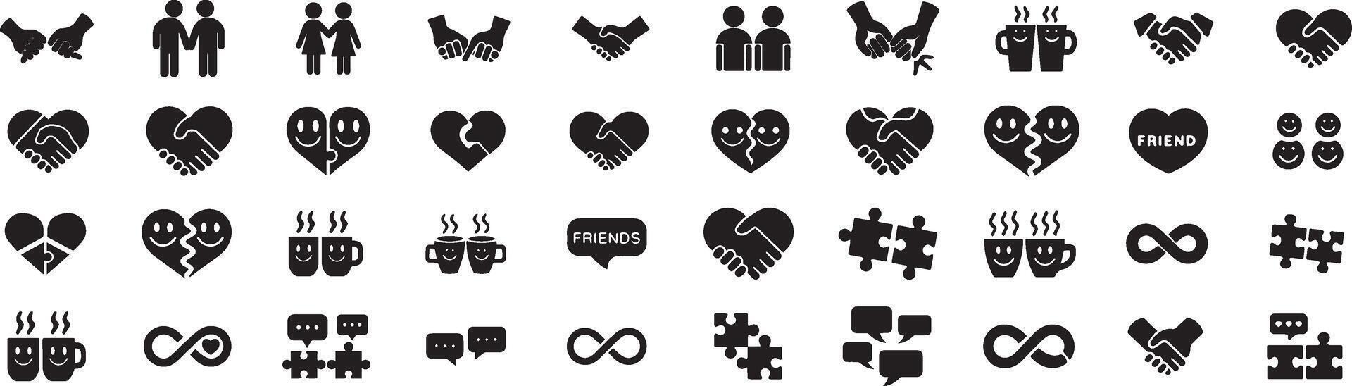 A creative collection of black icons themed around Friendship Day. Includes hearts, people, chat bubbles, infinity signs, and puzzle pieces for meaningful design use. vector