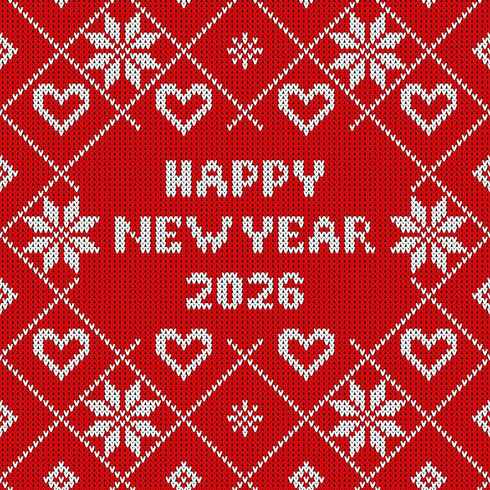 Seamless knit pattern Christmass 2026. Winter seamless pattern with Happy New Year text. Sweater design and red Christmas and new year ornament vector