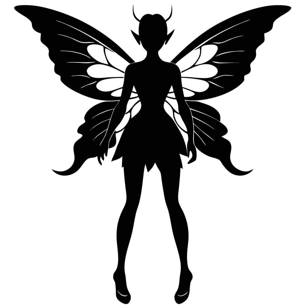 Silhouette illustration of a black fairy with butterfly wings against a pure white background vector