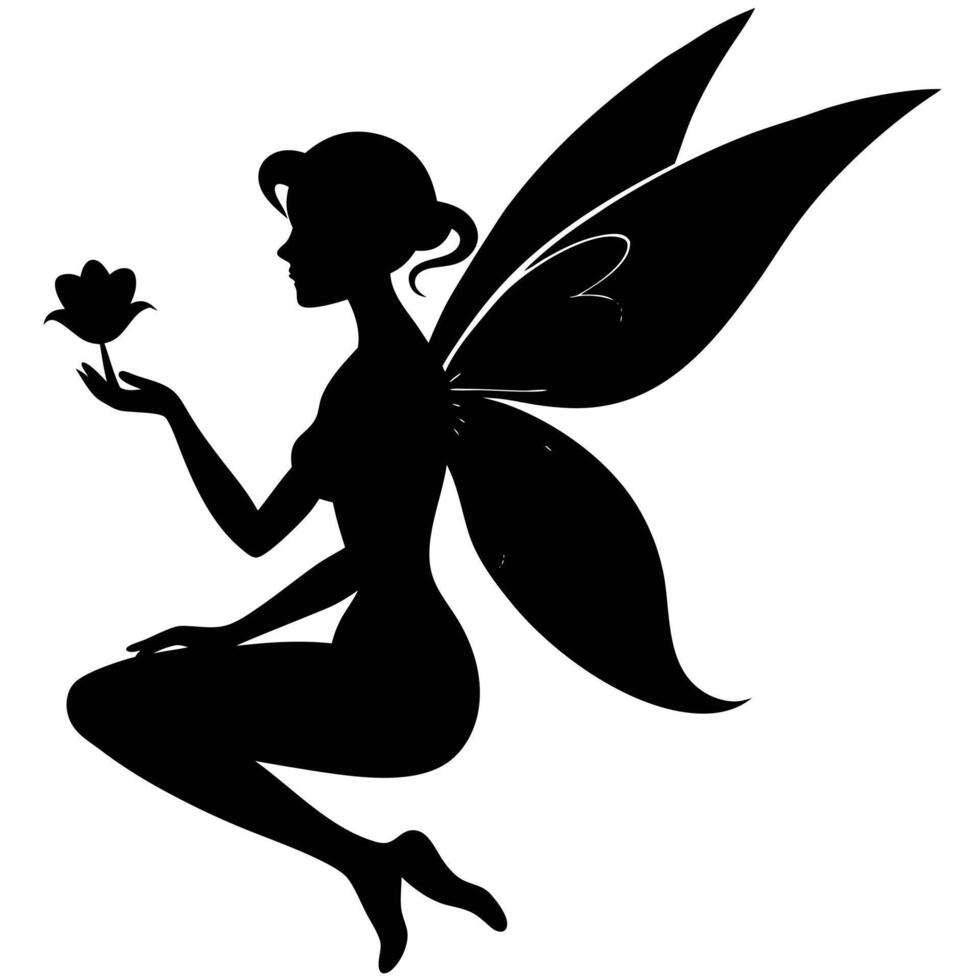Silhouette of a graceful fairy holding a flower isolated on a white background elegant design. vector