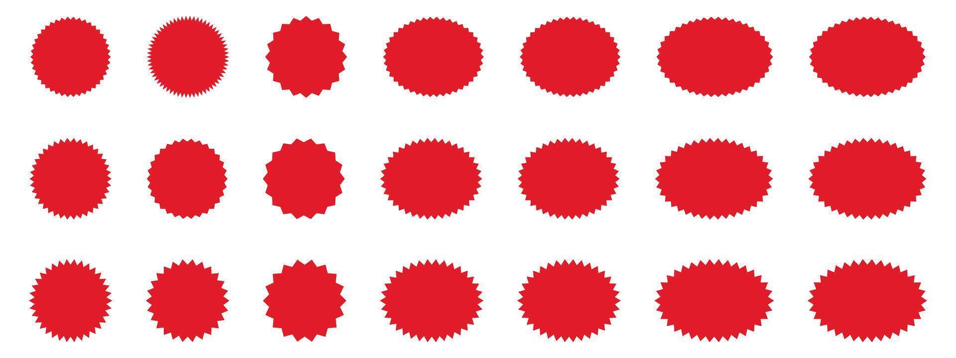 Starburst red sticker set. Special offer sale round and oval sunburst labels. vector