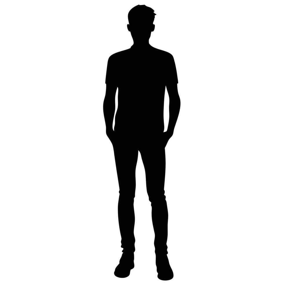 Silhouette of a young adult male standing with hands in pockets against a white background. vector