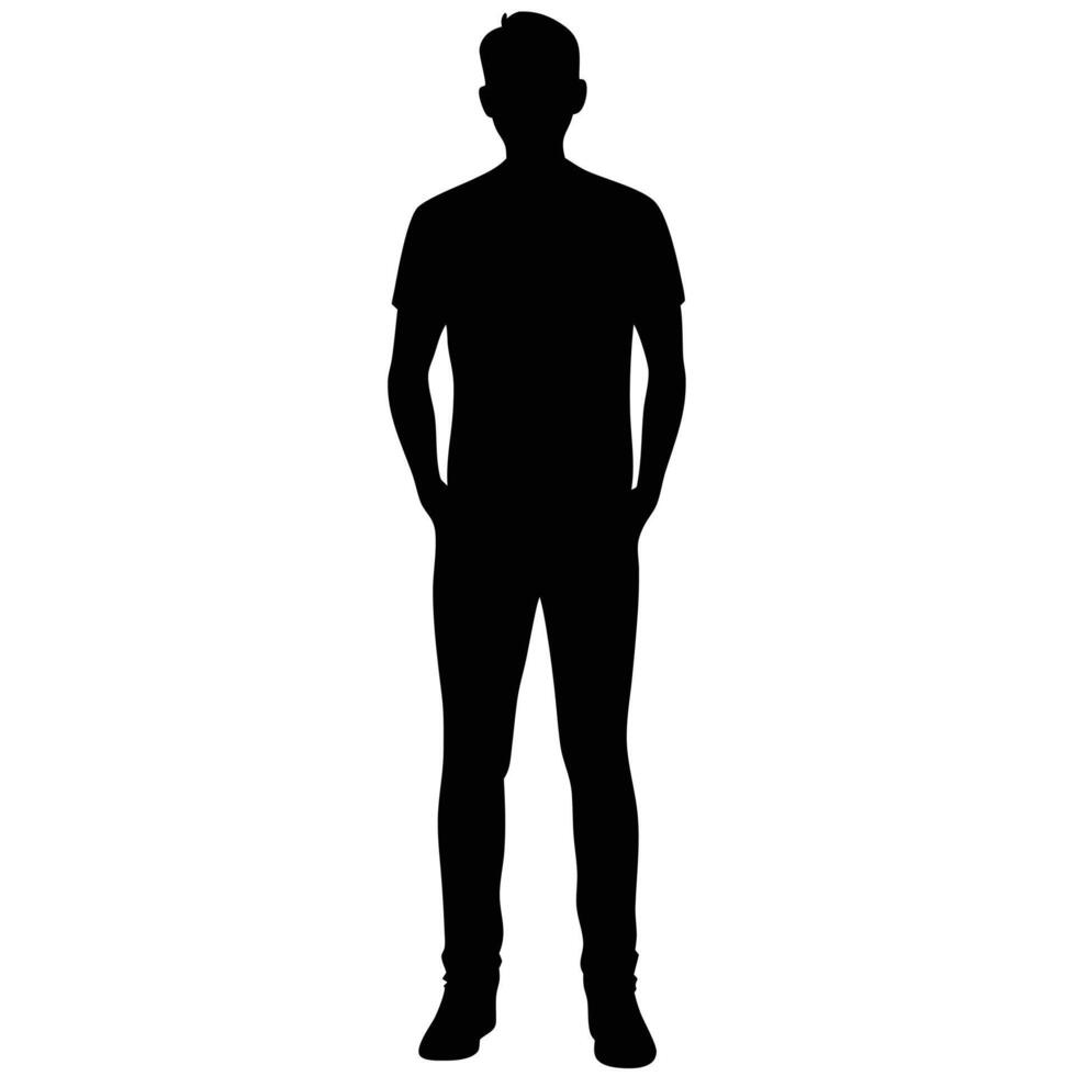 Silhouette of a standing man with hands in pockets isolated against a white background for design. vector