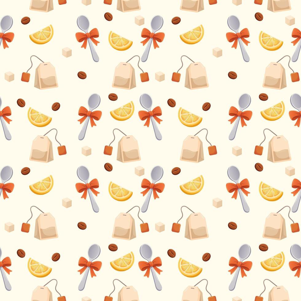 seamless pattern for website menu with teaspoon, sugar, lemon and tea bag vector