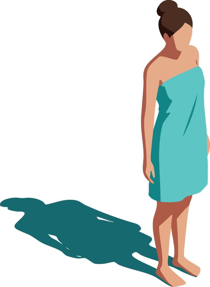 Woman in turquoise towel standing barefoot with bun hairstyle and shadow illustration vector