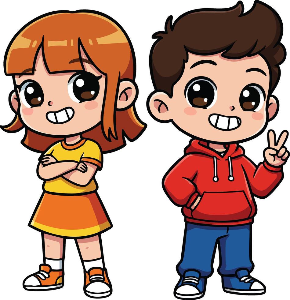 Cartoon children boy and girl smiling and posing in casual colorful clothes illustration vector